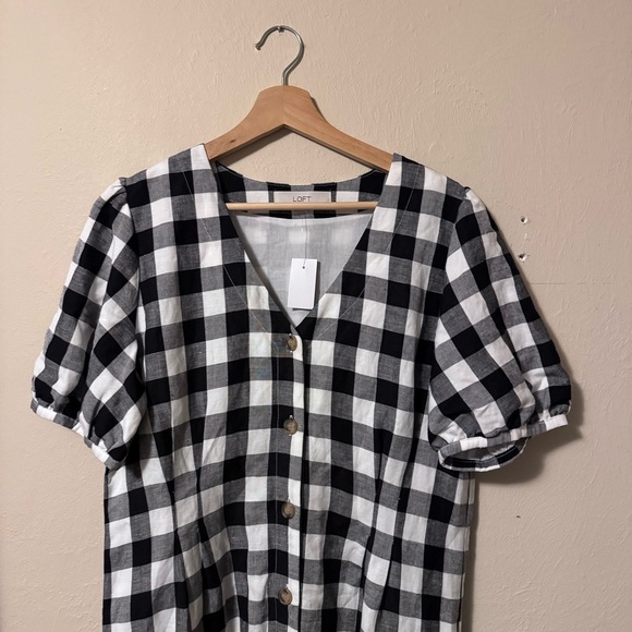 NWT Loft black and white gingham button down linen blend dress Size 10 - Picture 4 of 14